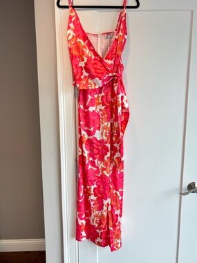 Bright Pink Floral Tie-Waist Maxi Dress